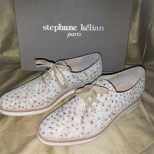 Stephane Kelian Ostrich Suede White Bucks/Oxfords Shoes~Cream/Brown Leather~37/7